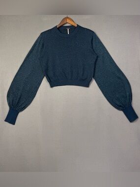 Free People Cropped Shimmer Crewneck Sweater With Conched Bell Sleeves, XS
